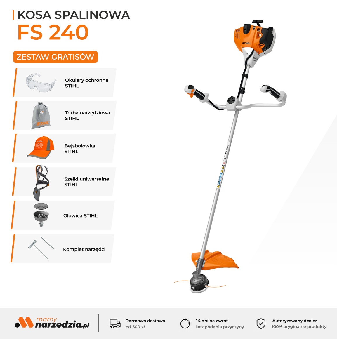 Stihl FS 240 Kosa spalinowa, Imponująca moc 1,7 kW / 2,3 KM, oburęczny uchwyt.